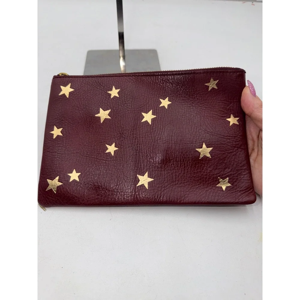 Madewell Burgundy Leather Star Pouch Zip Clutch Bag Gold Foil Celestial